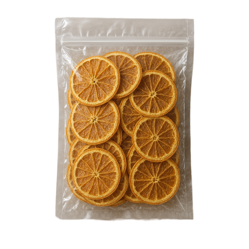 Packaged dried orange slices in a clear plastic bag on a white background