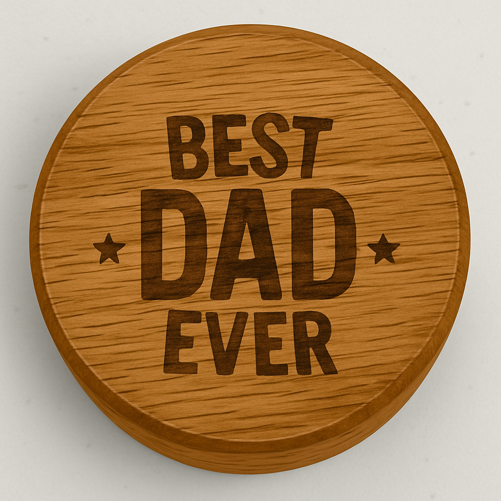 Wooden round smoke lid with 'Best Dad Ever' engraving on a white background