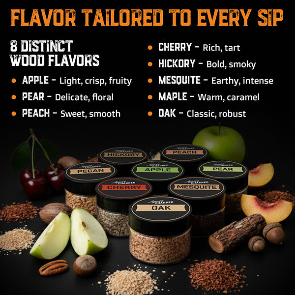 Wood flavor descriptions with jars and natural ingredients on a dark background