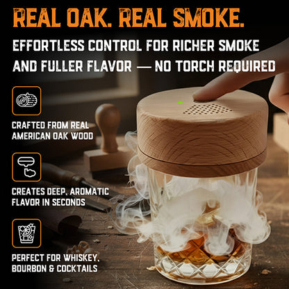 Electric cocktail smoker kit with smoke emerging, surrounded by text highlighting features.