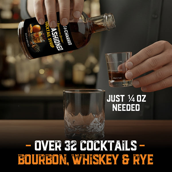 Person pouring a small bottle of Old Fashioned Cocktail Syrup into a shot glass with text about cocktail possibilities.