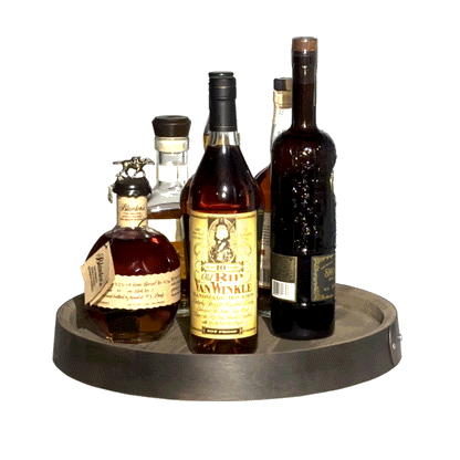 Spinning Whiskey Display Barrel Top with whiskey bottles