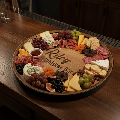 Custom engraved Whiskey display barrel top used as a charcuterie board with various foods