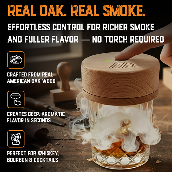 Electric cocktail smoker kit with smoke emerging, surrounded by text highlighting features.