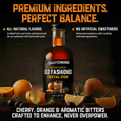 Bottle of Old Fashioned Cocktail Syrup with ingredients on a dark background