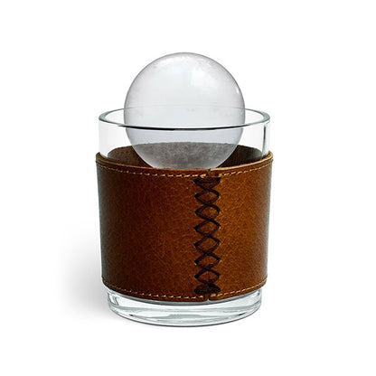 Brown leather wrapped rocks glass with a crystalline finish