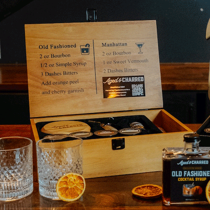 Gif of Premium cocktail smoker lid kit that includes wooden box, Smoke Lid, 8 wood chip flavors, culinary torch, butane, recipe book and syrup and Premium cocktail smoker lid kit dimensions