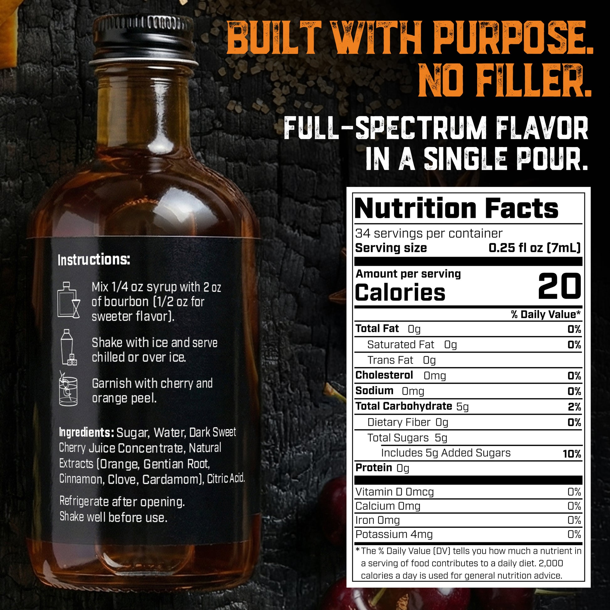 Bottle of Aged & Charred Old Fashioned Cocktail Syrup with nutrition facts label on a dark background