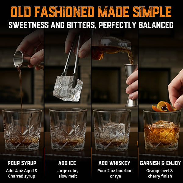 Step-by-step guide to making an Old Fashioned cocktail with text and images of ingredients and process.