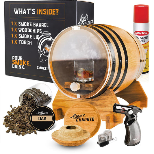 Aged & Charred smoke barrel kit that includes a 5-liter oak barrel, Smoke Lid, LED lights, wood chips, culinary torch, and butane.