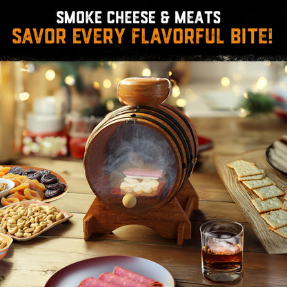 Aged & Charred smoke barrel used to smoke cheese & meat