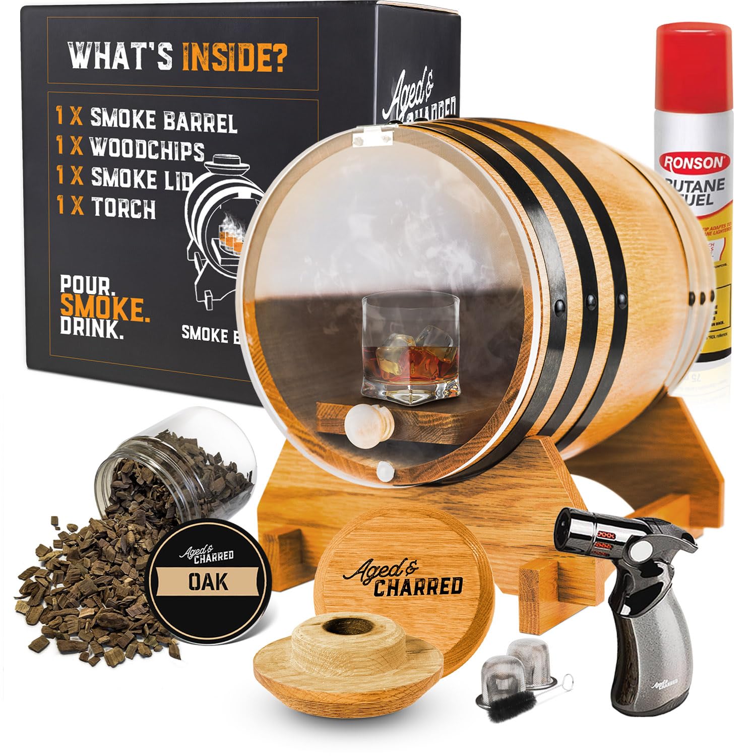 Aged & Charred smoke barrel kit that includes a 5-liter oak barrel, Smoke Lid, LED lights, wood chips, culinary torch, and butane.