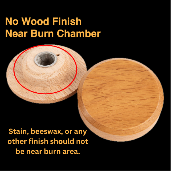 Aged & Charred whiskey smoker lid has no wood finish near burn chamber.